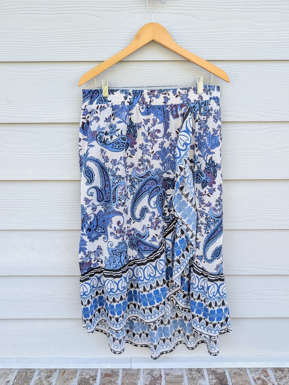 Figueroa & Flower Skirt Size XL Blue Boho Floral Midi High Waist Flowy Ruffle